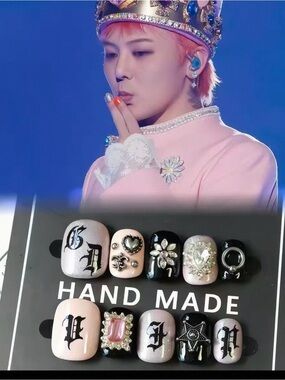 Handmade Gothic Chrome Cross Press On Nails – Black & Silver | Size S